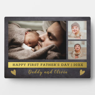 First Father's Day 3 Photo Collage Chalkboard Plaque