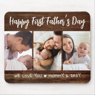 First Father's Day 3 Photo Collage Dark Wood Mouse Mat