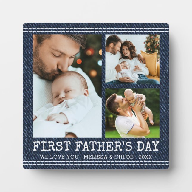 FIRST FATHERS DAY 3 Photo Collage Faux Denim Plaque (Front)