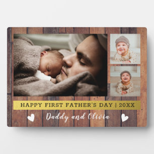 First Father's Day 3 Photo Collage Rustic Wood   Plaque