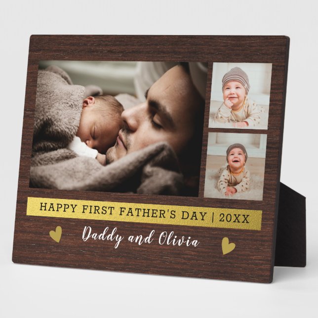 First Father's Day 3 Photo Collage Rustic Wood   Plaque (Side)