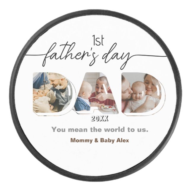 First Father's Day 3 Photos Collage  Hockey Puck (Front)