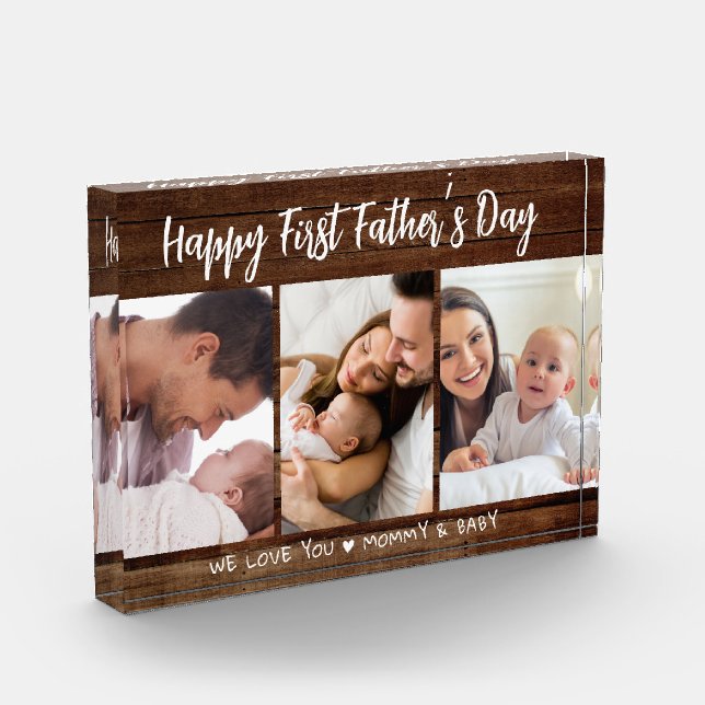 First Father's Day 3 Picture Collage  Dark Wood   Photo Block (Left)