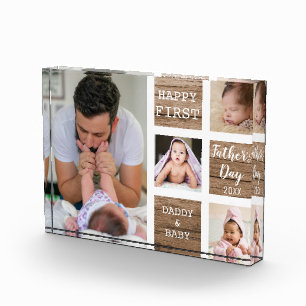 First Father's Day 4 Photo Collage Rustic Wood Block