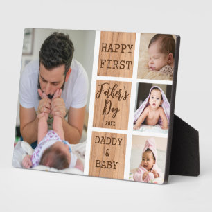 First Father's Day 4 Photo Collage Rustic Wood   Plaque