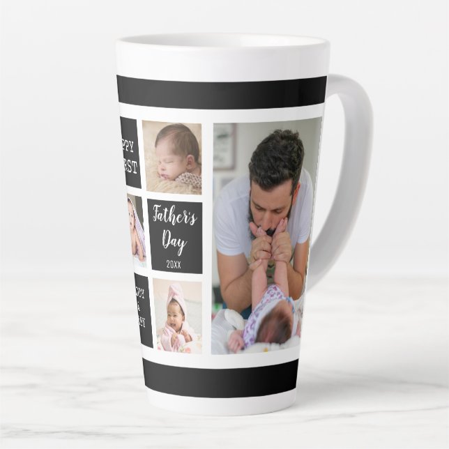 First Father's Day 5 Photo Collage Black White Latte Mug (Right Angle)