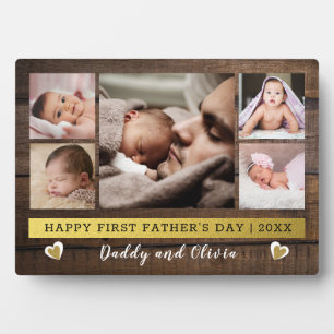 First Father's Day 5 Photo Collage Dark Wood Plaque