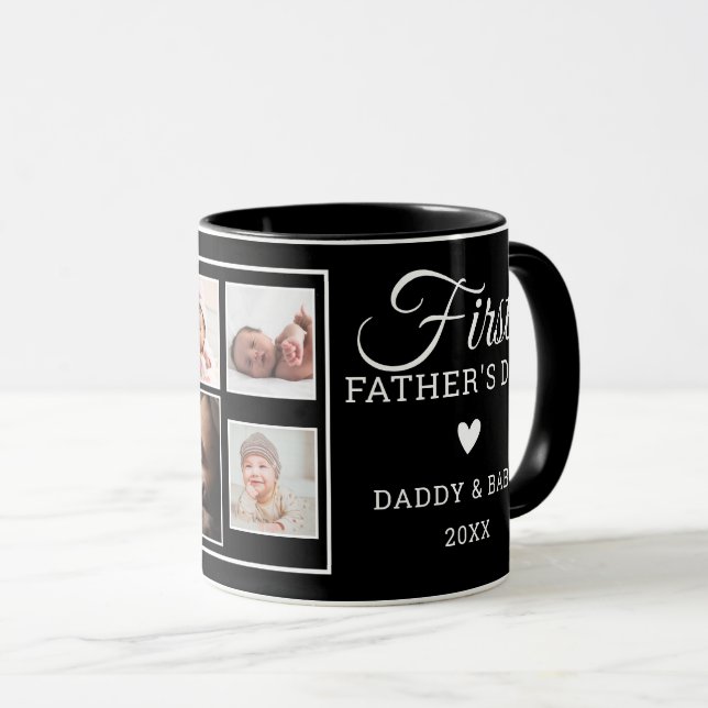 First Father's Day 7 Photo Collage Black Mug (Front Right)