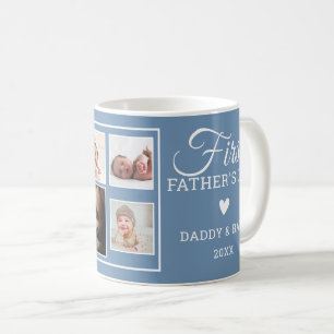First Father's Day 7 Photo Collage Blue Coffee Mug
