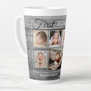 First Father's Day 7 Photo Collage Grey Wood   Latte Mug