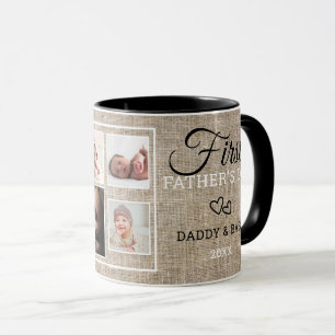 First Father's Day 7 Photo Collage Rustic Burlap Mug