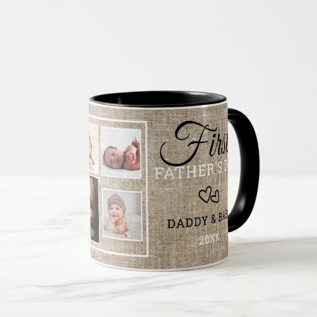 First Father's Day 7 Photo Collage Rustic Burlap Mug (Front Right)