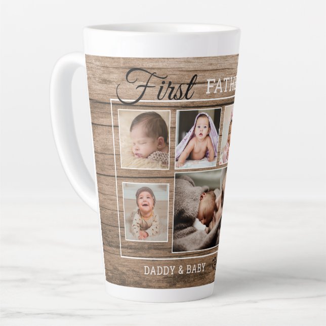 First Father's Day 7 Photo Collage Rustic Wood Latte Mug (Left Angle)
