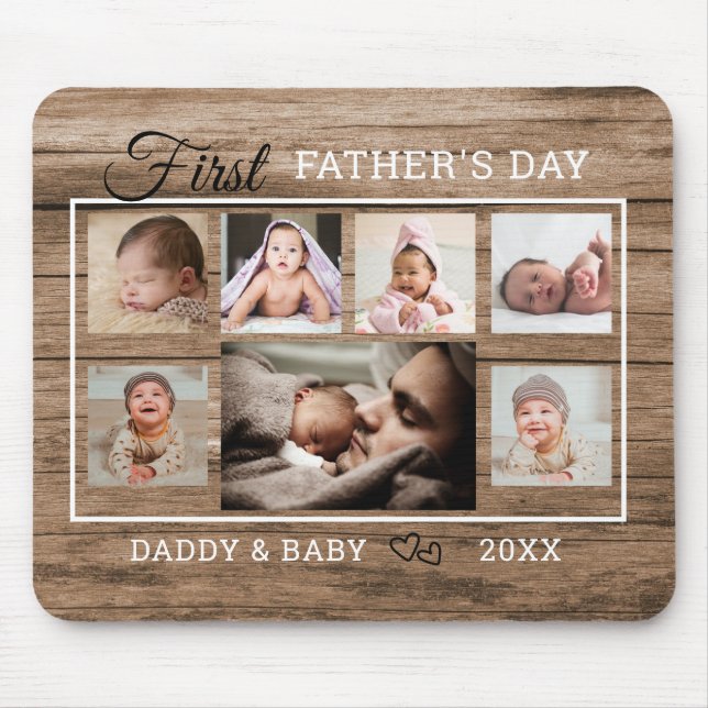 First Father's Day 7 Photo Collage Rustic Wood Mouse Mat (Front)