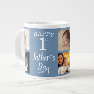 First Father's Day 8 Family Photo Collage Blue Large Coffee Mug