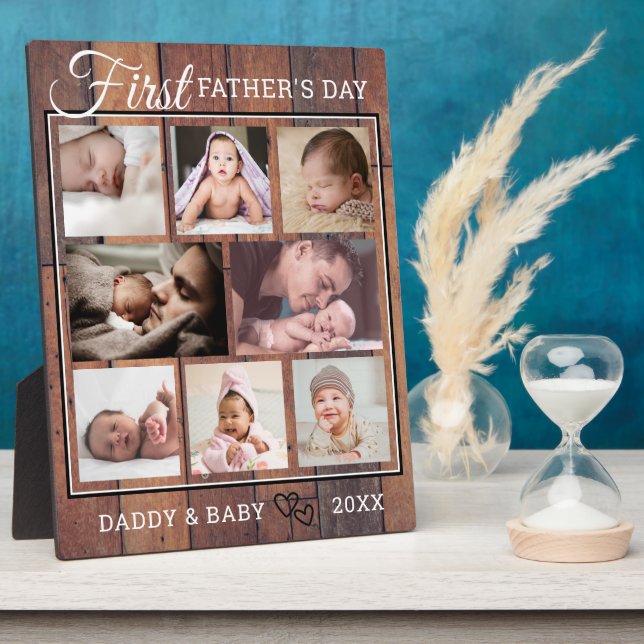 First Father's Day 8 Photo Collage Brown Wood   Plaque (Side)