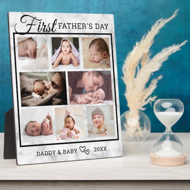 First Father's Day 8 Photo Collage Elegant Marble Plaque (Side)