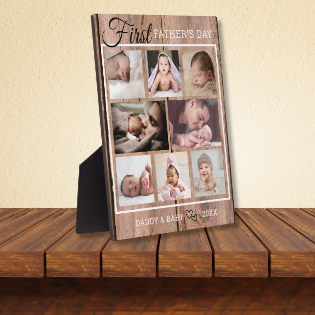  First Father's Day 8 Photo Rustic Wood Vertical Plaque (Creator Uploaded)
