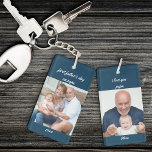 First Father's Day as Papa Blue 2 Photo Keychain<br><div class="desc">Photo keychain for a grandfather's first father's day. The photo template is set up for you to add 2 of your favourite pictures, which are printed one on each side, in square / instagram format. The wording is fully editable and currently reads "first father's day as papa [year] i love...</div>