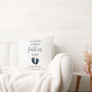 First Father's Day – Baby Footprints & Blue Hearts Cushion