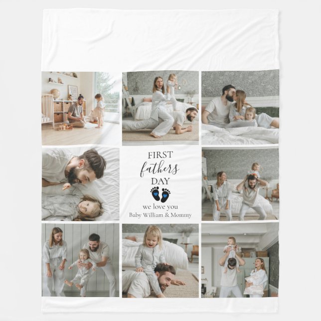 First Father's Day – Baby Footprints & Blue Hearts Fleece Blanket (Front)