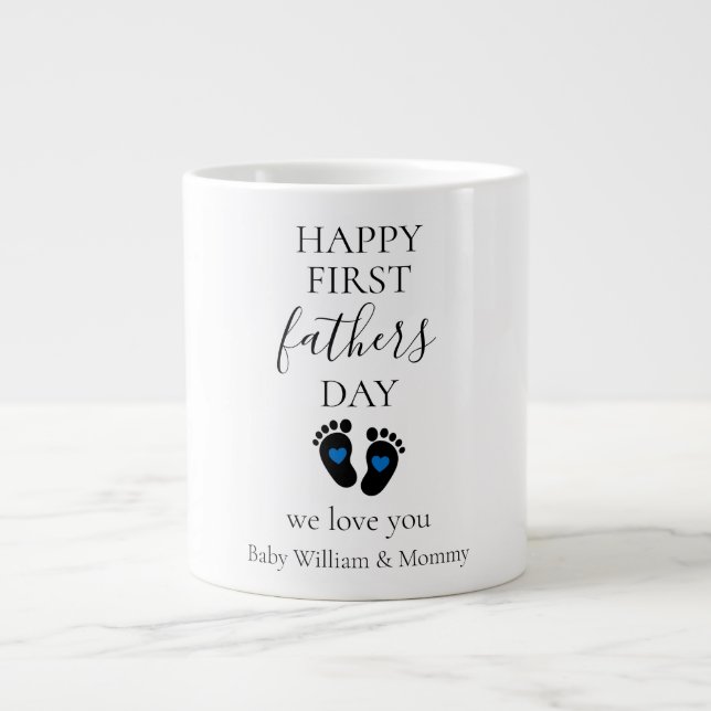 First Father's Day – Baby Footprints & Blue Hearts Large Coffee Mug (Front)
