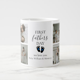 First Father's Day – Baby Footprints & Blue Hearts Large Coffee Mug