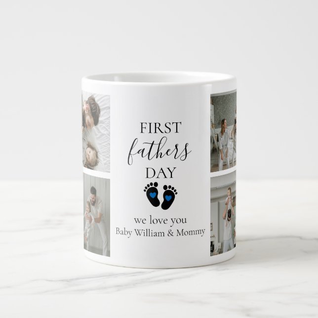 First Father's Day – Baby Footprints & Blue Hearts Large Coffee Mug (Front)