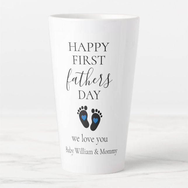 First Father's Day – Baby Footprints & Blue Hearts Latte Mug (Front)