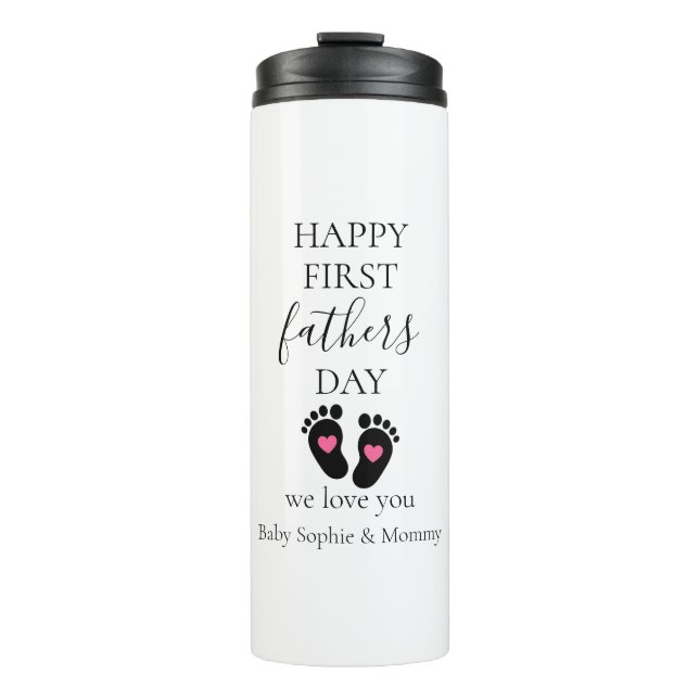 First Father's Day – Baby Footprints & Pink Hearts Thermal Tumbler (Front)