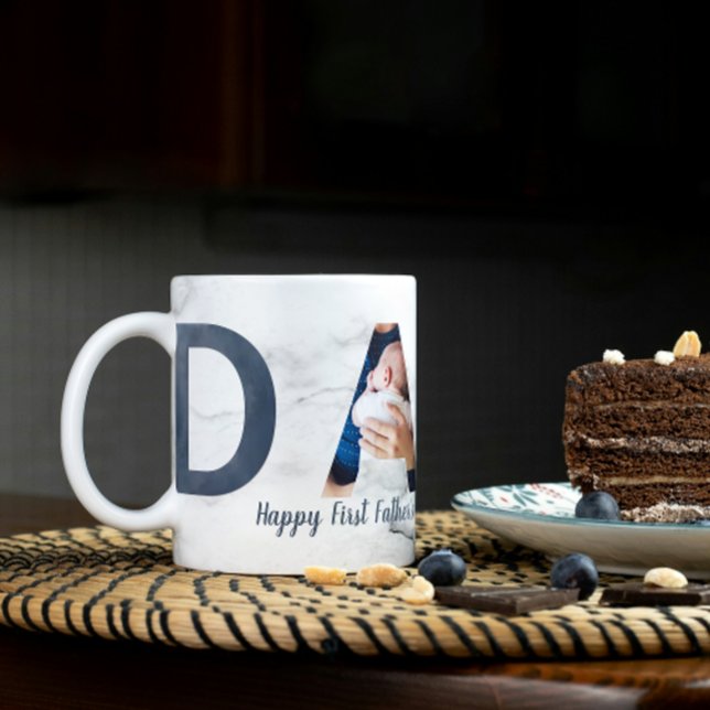 First Father's Day Baby Photo Dusty Blue Marble Coffee Mug (Easily personalize this Photo Dad First Father's Day mug a gift he'll treasure forever)