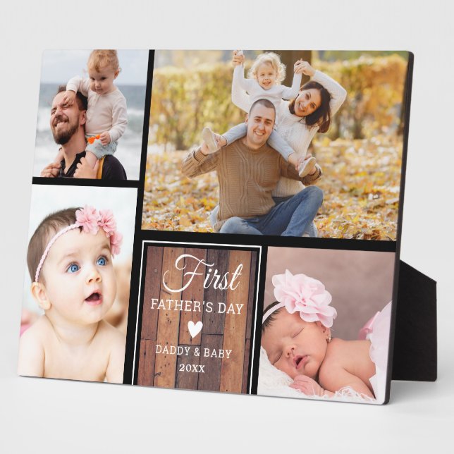 First Father's Day Black And Wood 4 photo Collage  Plaque (Side)