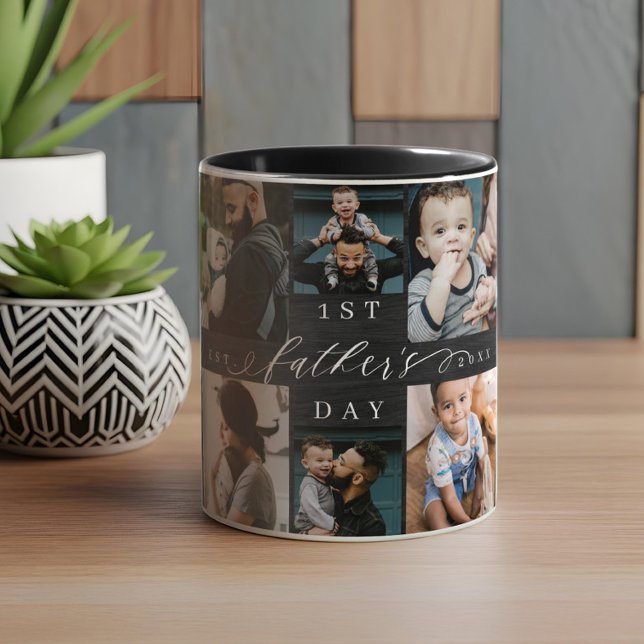 First Father's Day Black Woodgrain Photo Collage Mug (First Father's Day Black Woodgrain Photo Collage Mug)