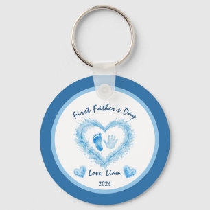 First Father's Day Blue Watercolor Heart Footprint Key Ring