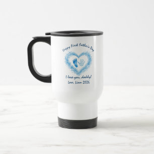 First Father's Day Blue Watercolor Heart Footprint Travel Mug