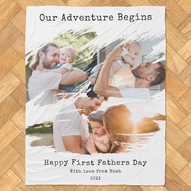 First Fathers Day Brush Stroke 3 Photo Collage Fleece Blanket (Creator Uploaded)