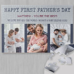 First Fathers Day Custom Message and 3 Photo Jigsaw Puzzle<br><div class="desc">Say "happy first father's day" with a custom photo puzzle. The template is set up ready for you to add 3 of your favourite photos, name(s), custom message and you edit the occasion as well if you wish. The puzzle has a colour palette of deep blue, burgundy and grey. Vertical,...</div>