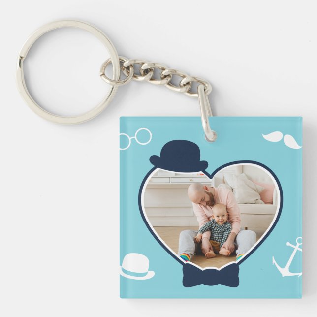 First Father's Day Custom Photo Cool Hipster Dad Key Ring (Front)