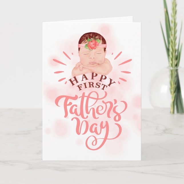First Father's Day Cute Baby Girl Peach and Brown Holiday Card (Front)