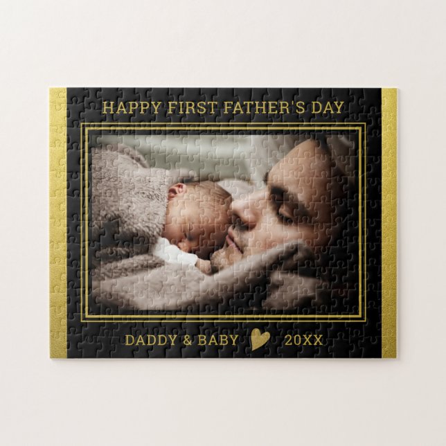 First  Father's Day  Dad And Baby Photo Black Gold Jigsaw Puzzle (Horizontal)