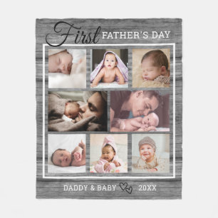 First Father's Day Grey Wood 8 Photo Collage   Fleece Blanket