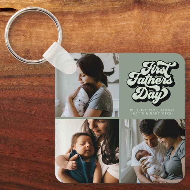 First Fathers Day Groovy Retro Three Photo | Sage Key Ring (Front)