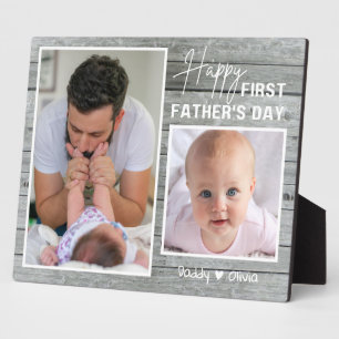 First Father's Day New Dad 2 Photo Grey Wood Plaque