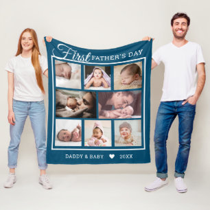 First Father's Day New Dad 8 Photo Collage Blue Fleece Blanket