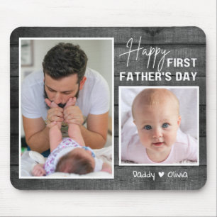 First Father's Day New Dad Black Wood  2 Photo Mouse Mat