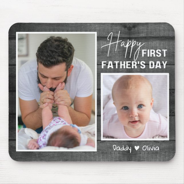 First Father's Day New Dad Black Wood  2 Photo Mouse Mat (Front)