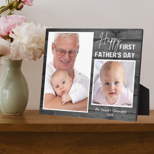 First Father's Day New Grandpa Black Wood 2 Photo Plaque (Creator Uploaded)