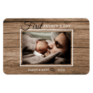 First Father's Day Photo Rustic Wood   Magnet