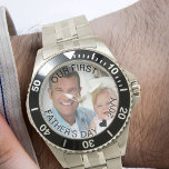 First Fathers Day Photo Semi Transparent Border Watch<br><div class="desc">Personalised photo watch for a first father's day (or personalise for anything you want!). The template is set up for you to add your own photo and you can also edit all of the text if you wish. The wording sits on a semi-transparent border overlay above your photo. The sample...</div>