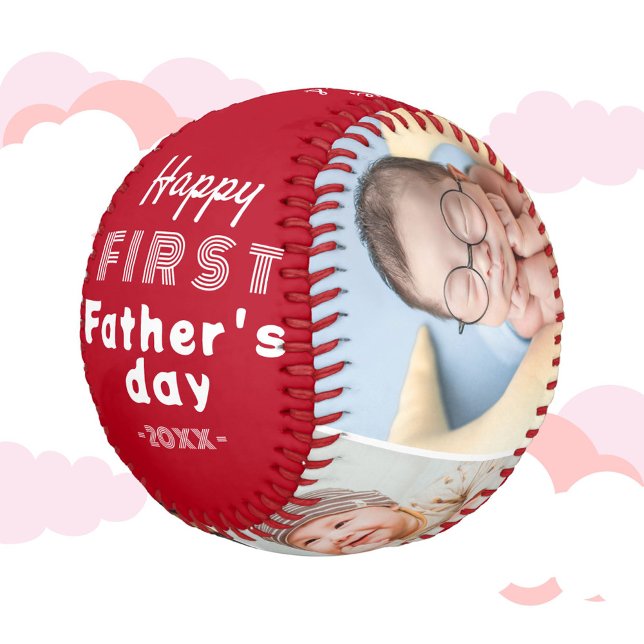 First Father's Day Red 4 Photo Collage Baseball (Creator Uploaded)